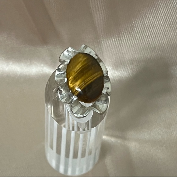 Vintage Sterling Silver Ribbon Ruffle Edge Tiger's Eye Ring 925 Size 5.5 Unique - Picture 13 of 16